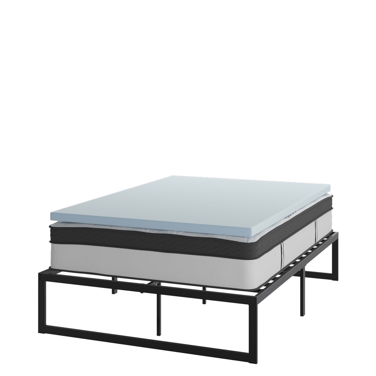 Emma and Oliver Complete Bed Set: Metal Platform Frame; Hybrid Pocket Spring Mattress in a Box and Cool Gel Memory Foam Topper